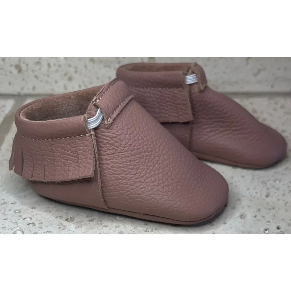 Olive & Annie Handmade Leather Infant Moccasins With Fringe Brown Sz 2 Baby Shoe
